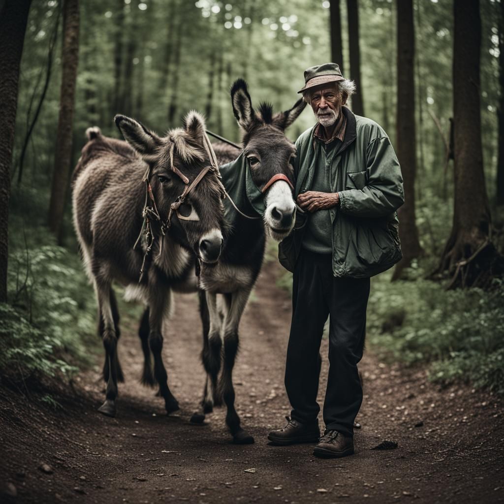 Crazy young and old Person hanging around the forest with a ...
