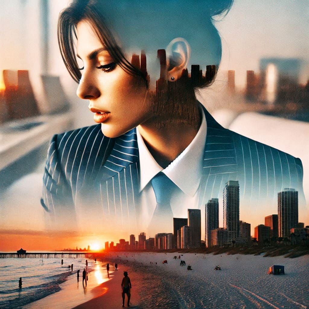 Business woman dreaming of beaing on the beach