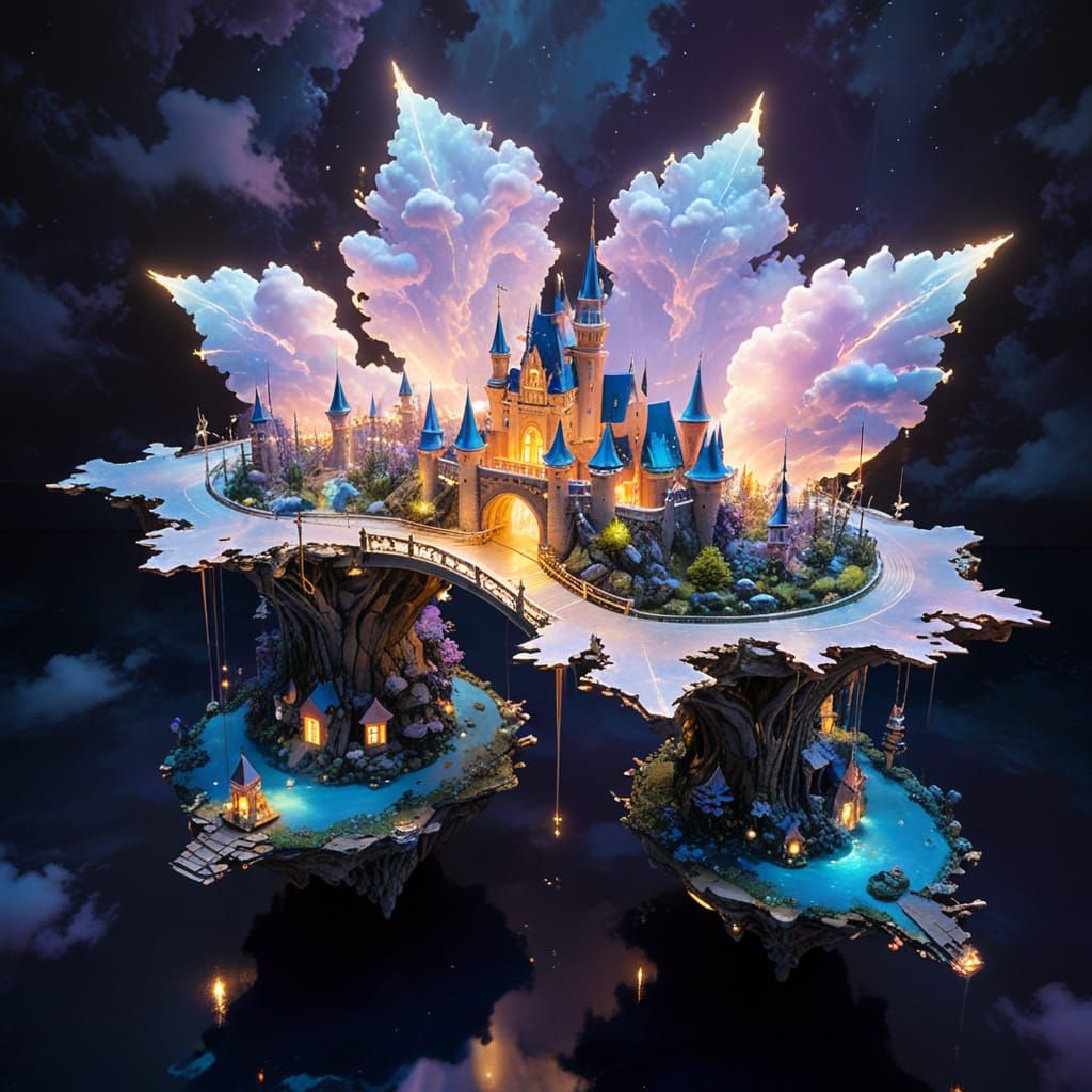 Luminous Bridge Between Floating Island Castles