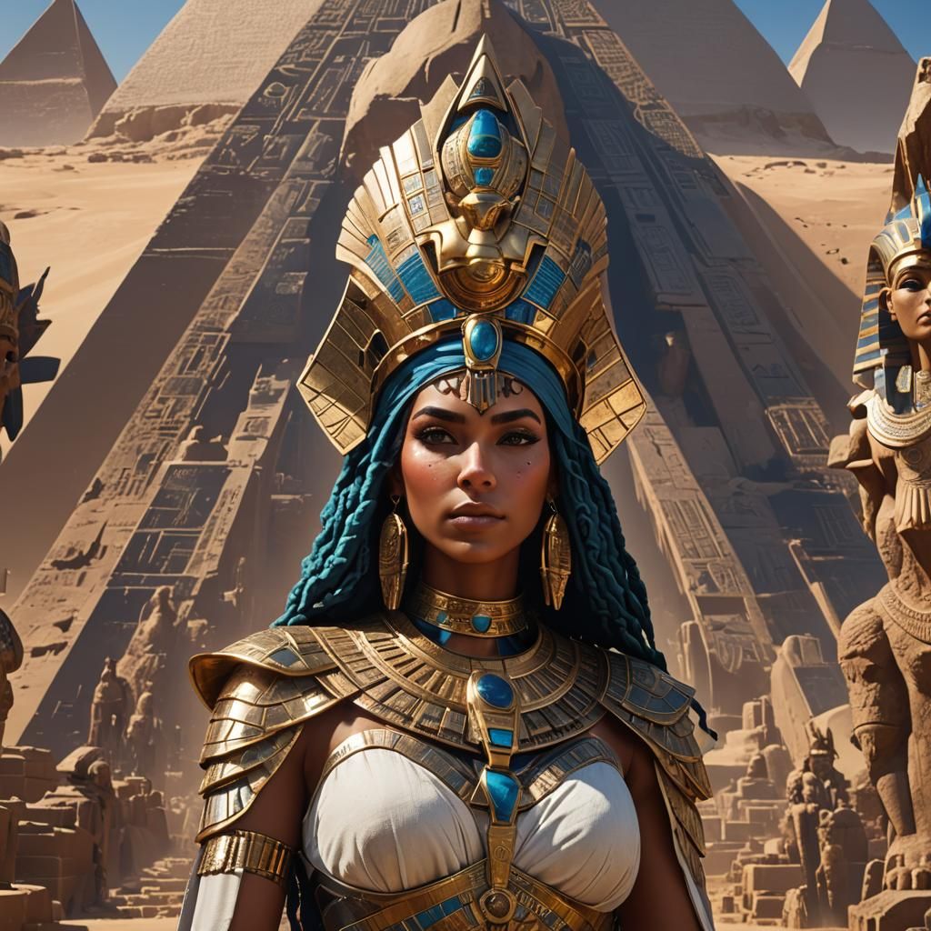 Egyptian queen next to the space pyramids detailed matte pai...