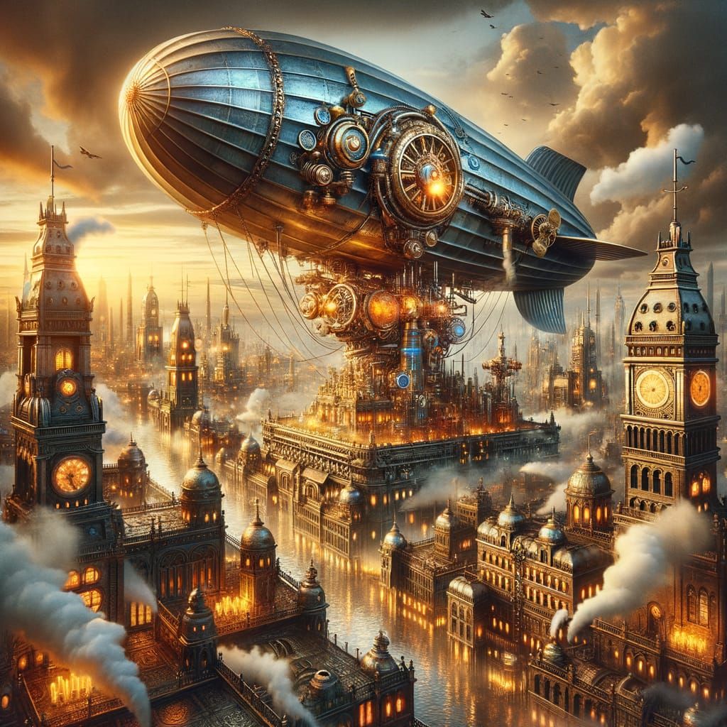 Steampunk Airship Over Victorian Cityscape