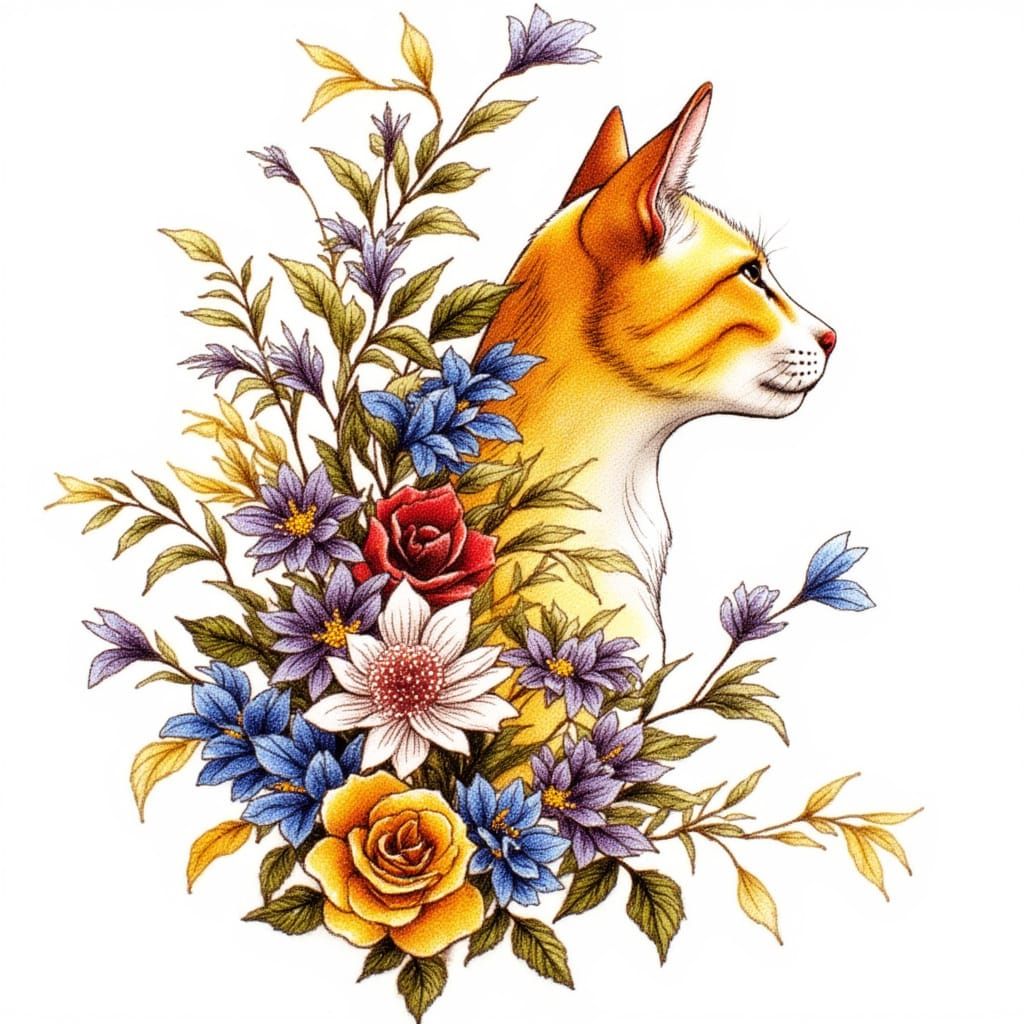 3/4 close up profile of yellow tabby cat decorated in zentangle patterns, jeweled necklace, floating flowers (roses, daisies, blue flowers, ...