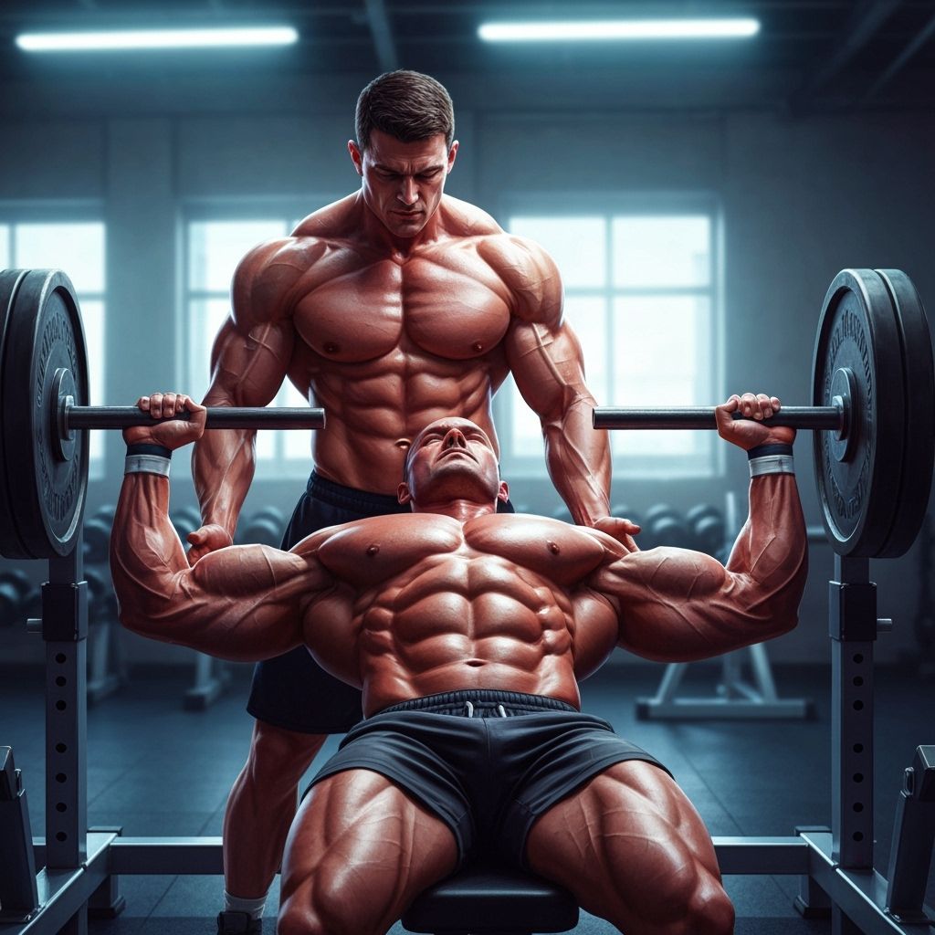 a shirtless muscular man stands behind another shirtless muscular man to spot him as he does a bench press at the gym