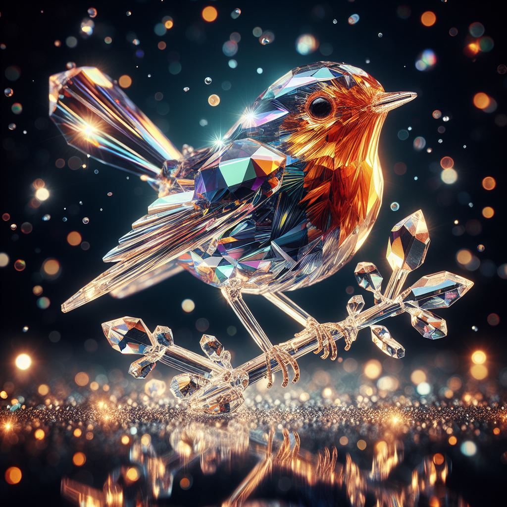 European robin on a crystal tree branch