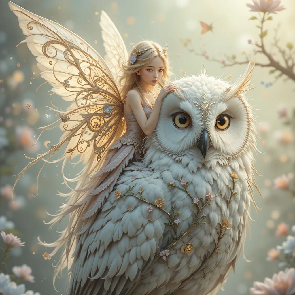 A whimsical fantasy illustration with a graceful filigree winged pixie perched on a giant snowy owl