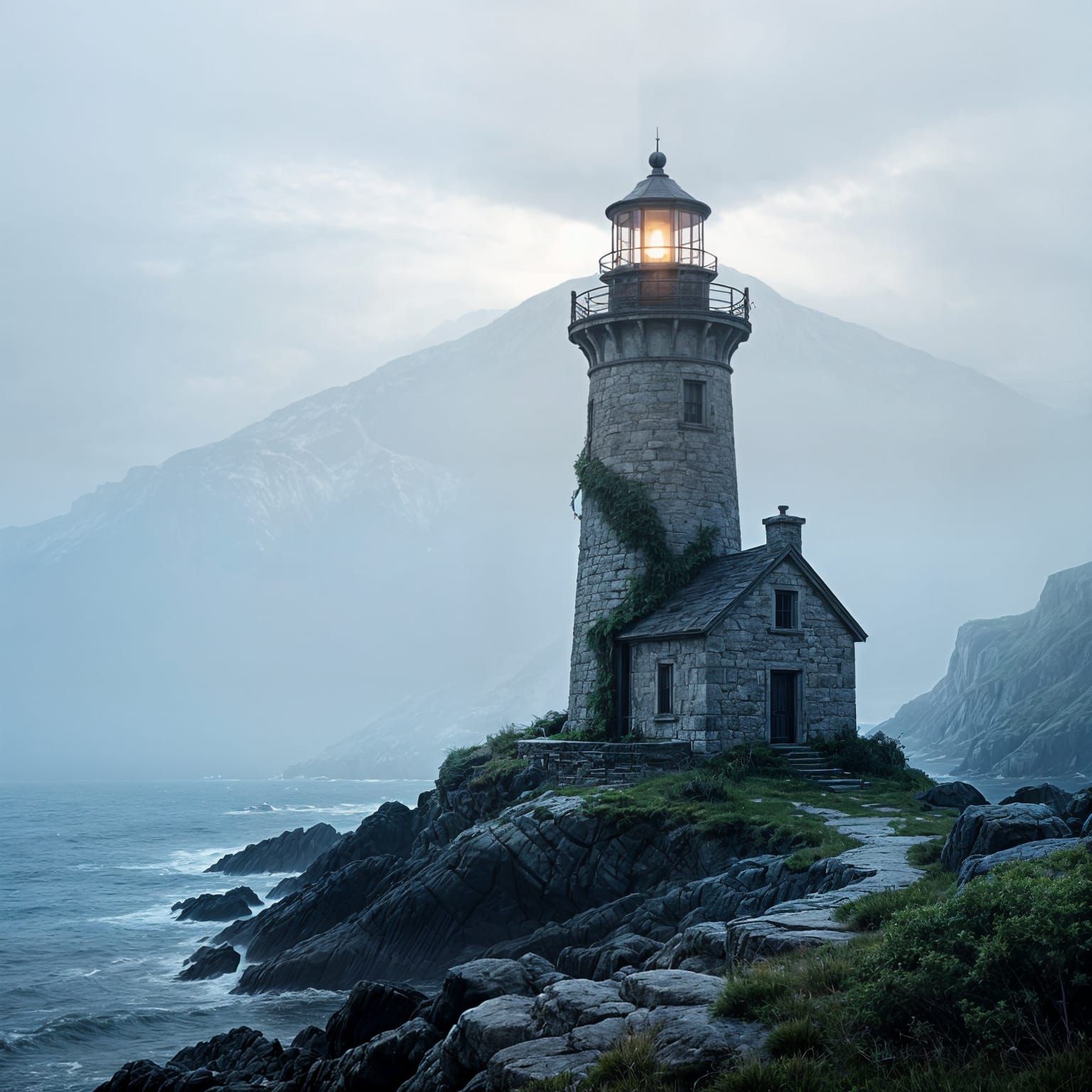A lone, weathered lighthouse stands on a craggy island, its beam cutting through a thick, swirling fog. Nature has begun to reclaim the stru...