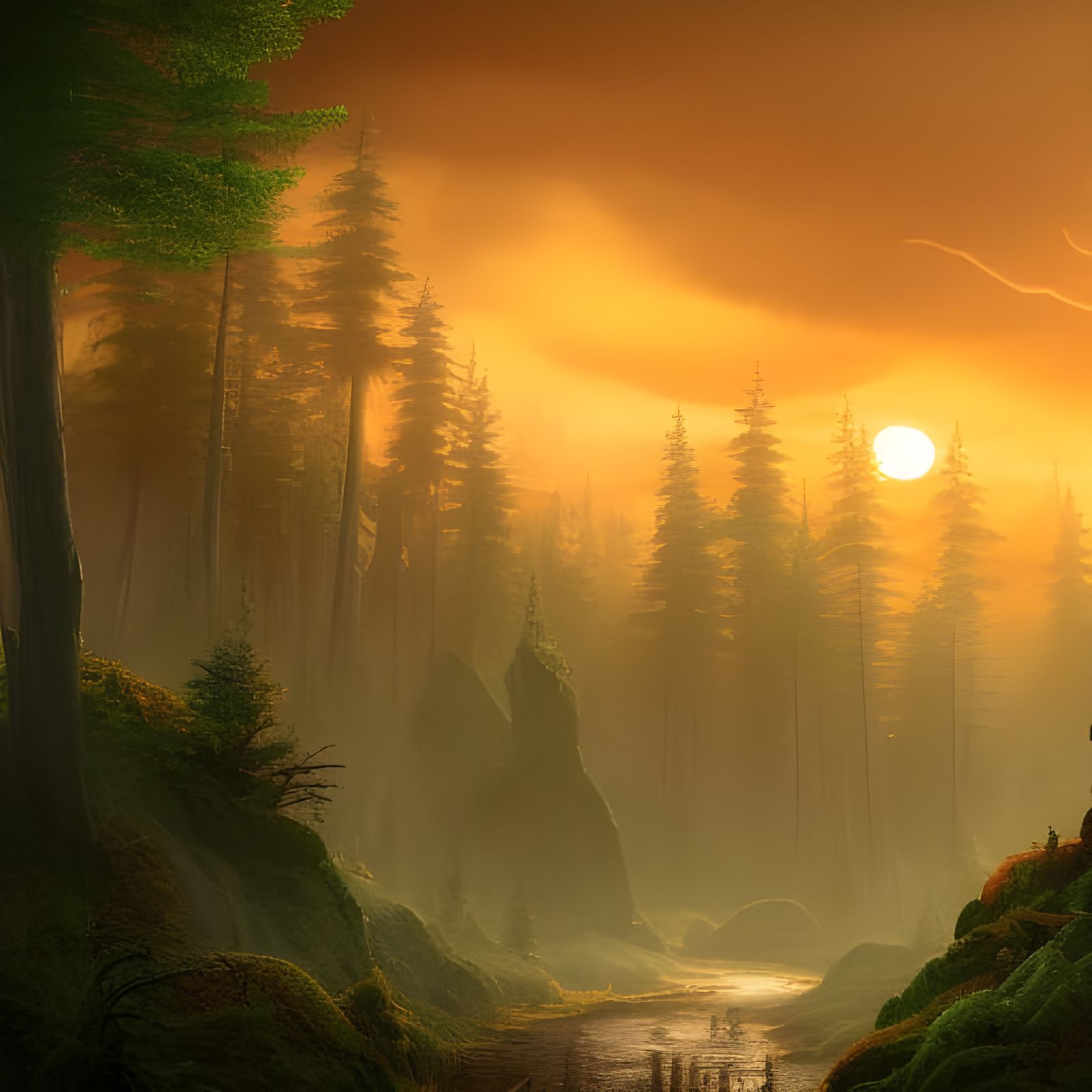 Sunrise thought a forest of trees
