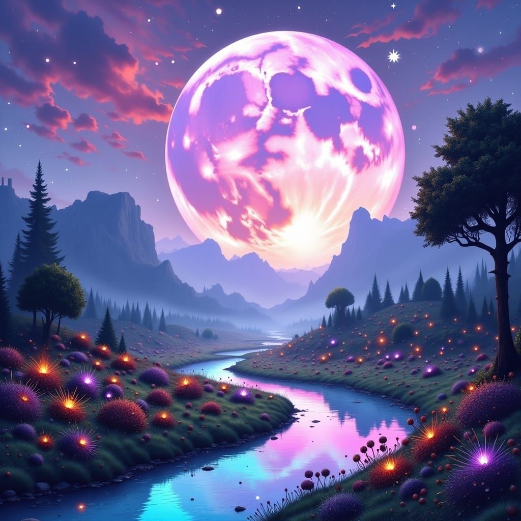 Cory loftis, disney, enchanting fantasy landscape dominated by the colossal presence of moon, its shimmering rainbow and pastel colors casti...
