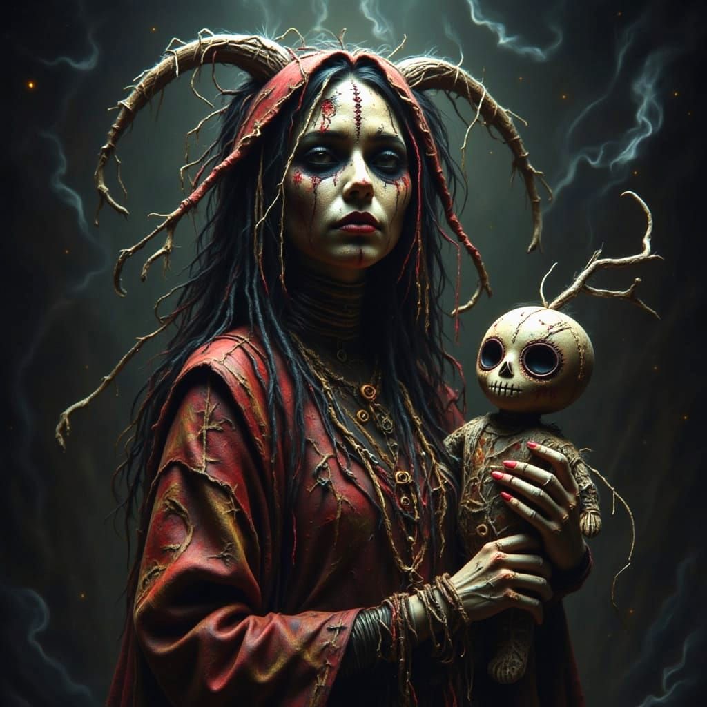 Sinister Voodoo Doll Art in Dark Macabre Style