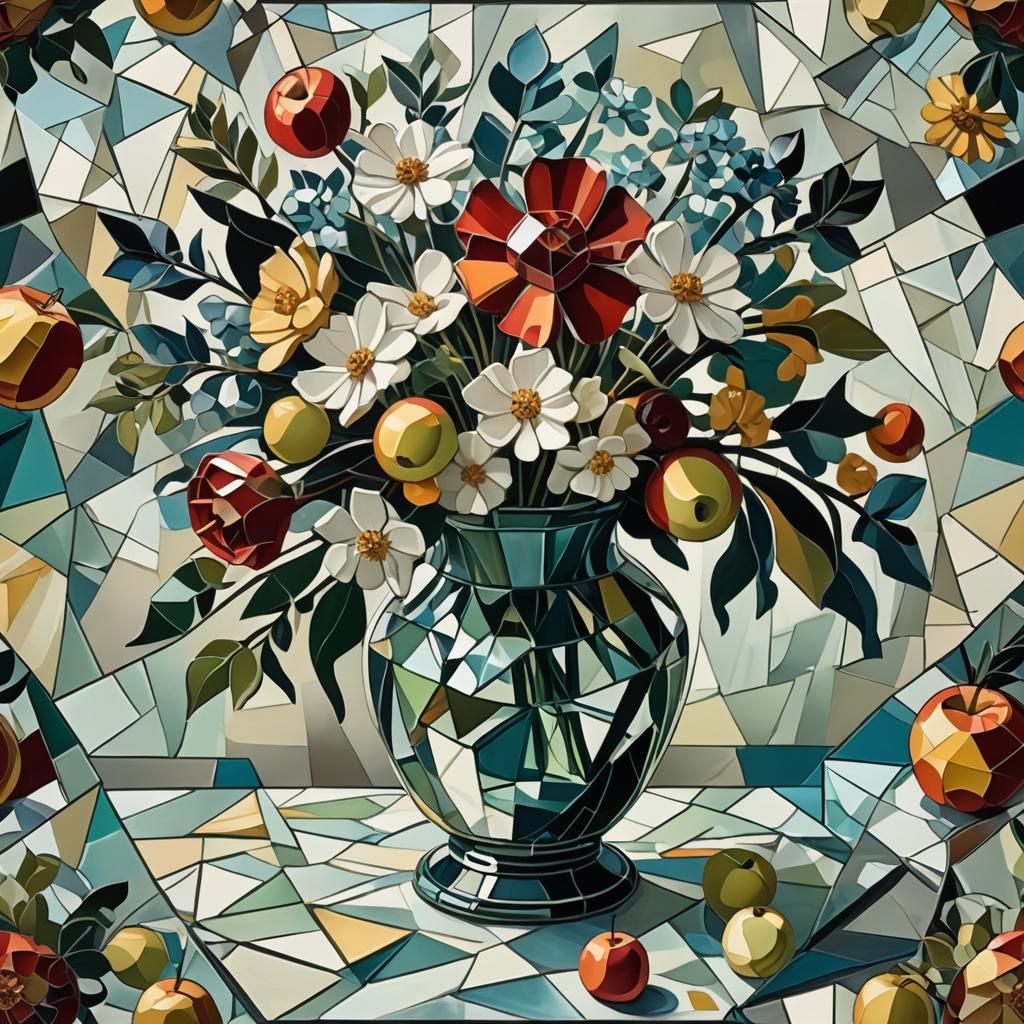 Crystalized Cubist still life of flower in vase and apples, ...