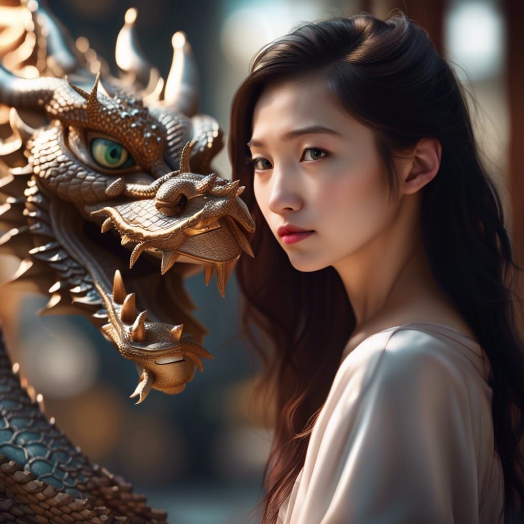 Angelic Girl with Chinese Dragon in 3D