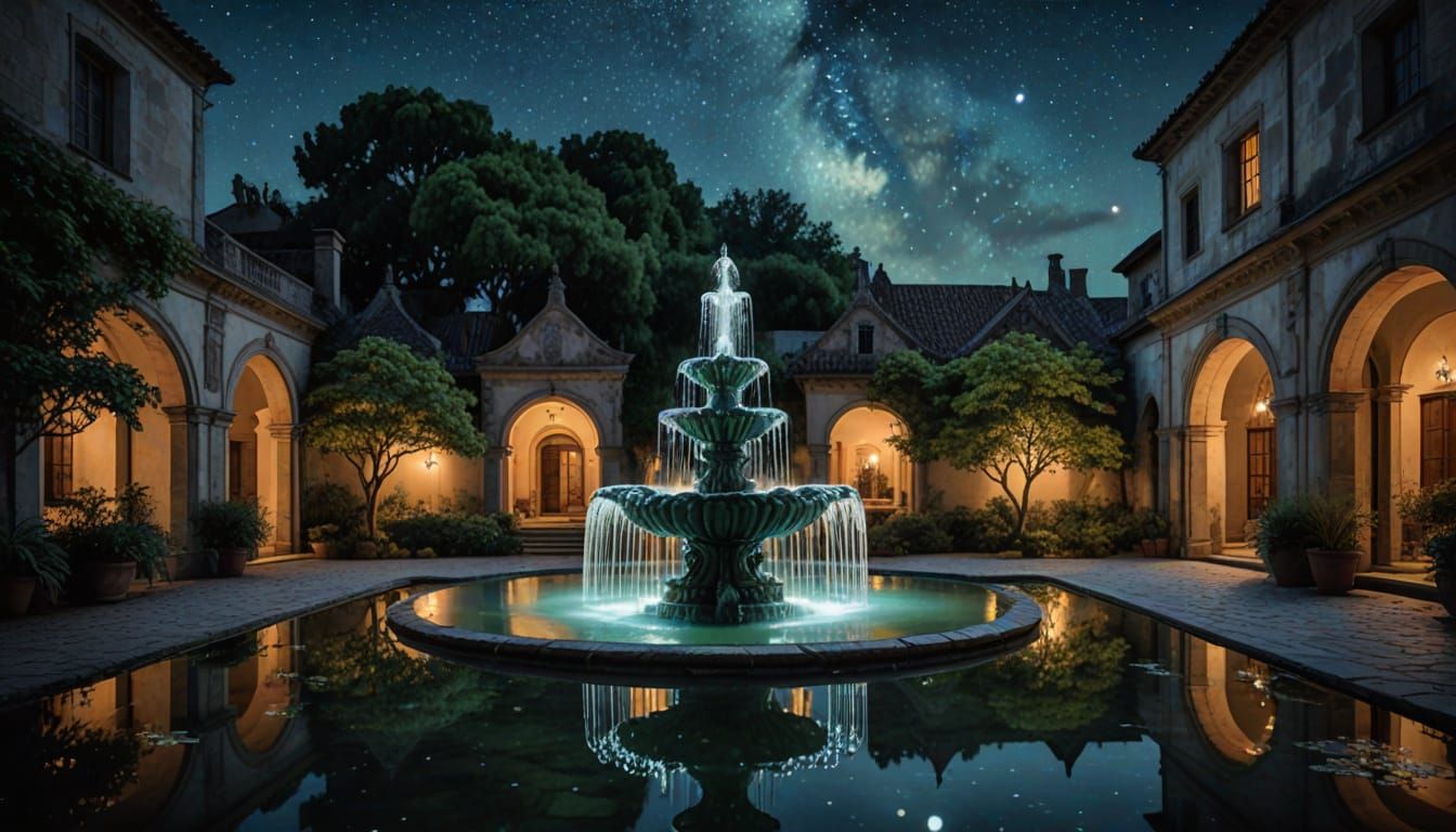 A glowing fountain in a moonlit courtyard