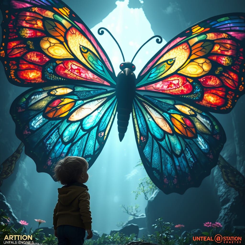 A giant butterfly-shaped 
decorated with intricate stained glass. A child marvels at the large butterfly. ...  by @Elviira 