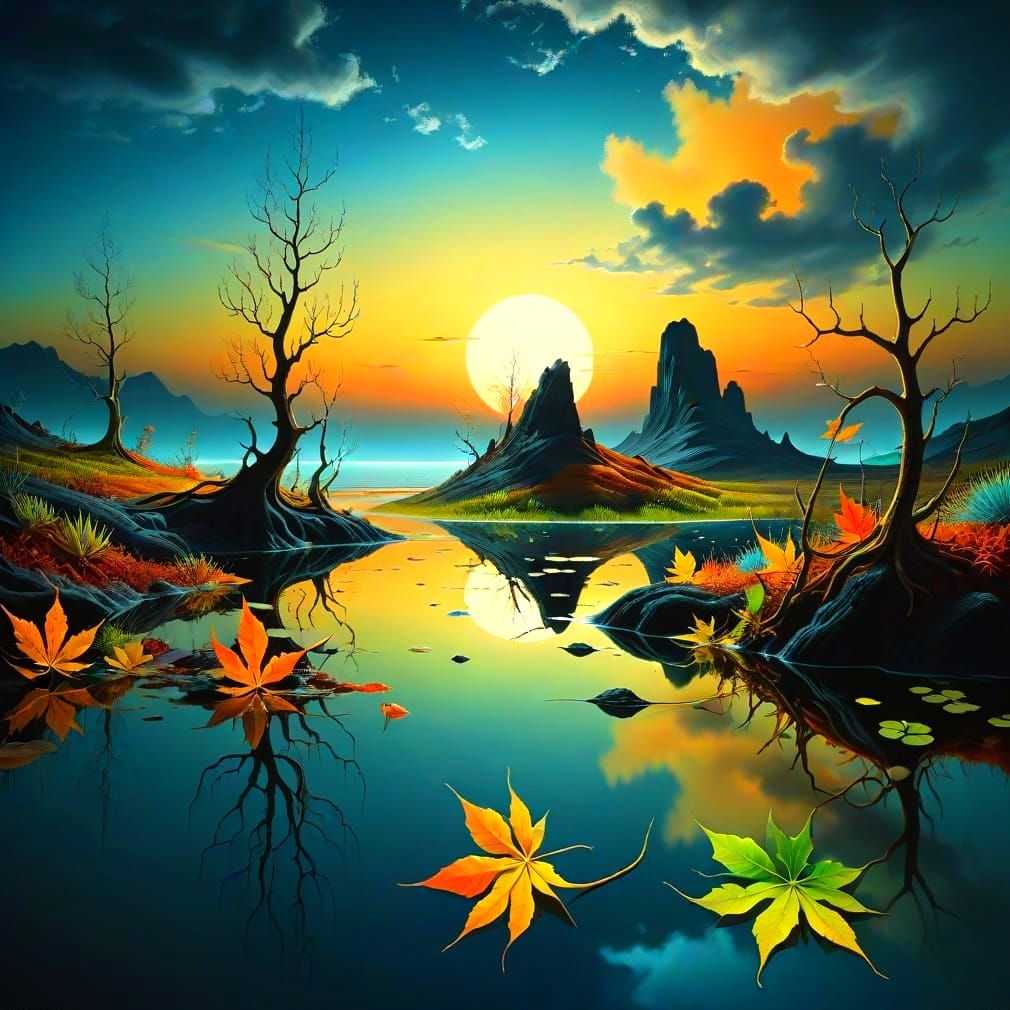 Vibrant Surrealistic Twilight Landscape with Dendritic Light...