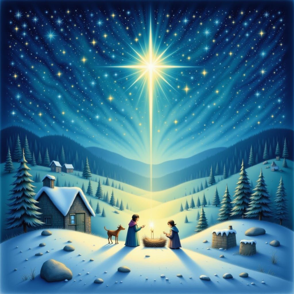 <lora:Storybook Christmas:1.0> Bright Star of Bethlehem shining over peaceful winter hills