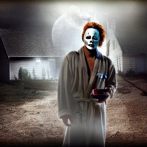 Michael Myers in robe holding coffee mug at his yard AI Generated
