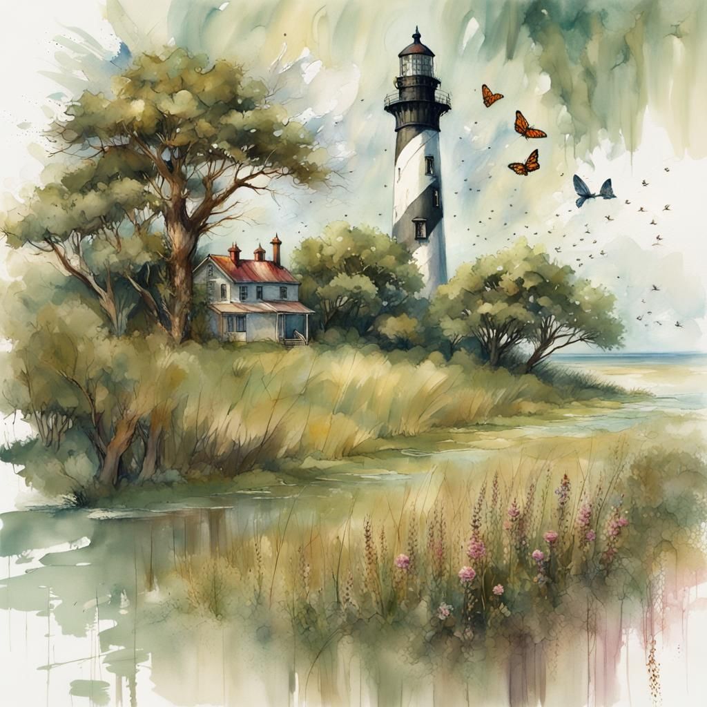 Lighthouse in North Carolina on the coast in the distance, landscape  by @BethM-L
