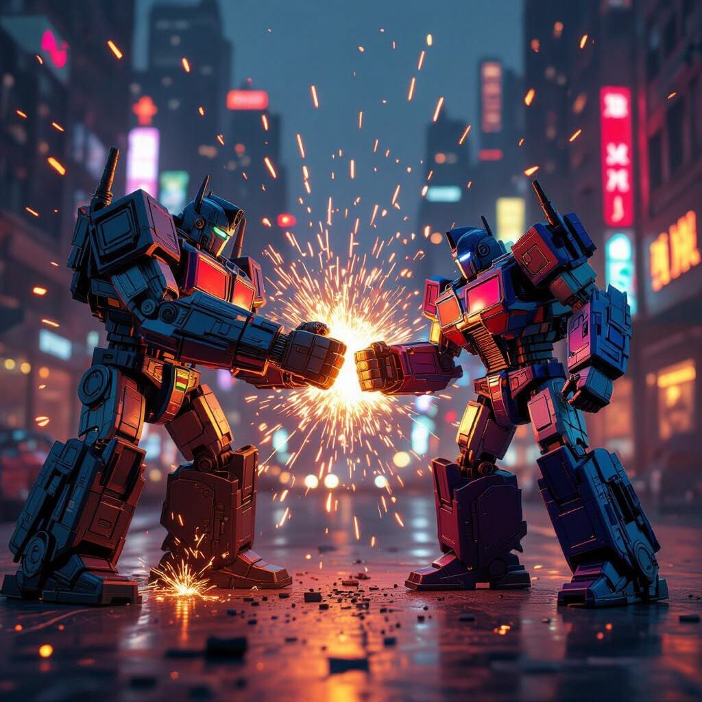 A transformer doing a knuckle greet with Optimus prime