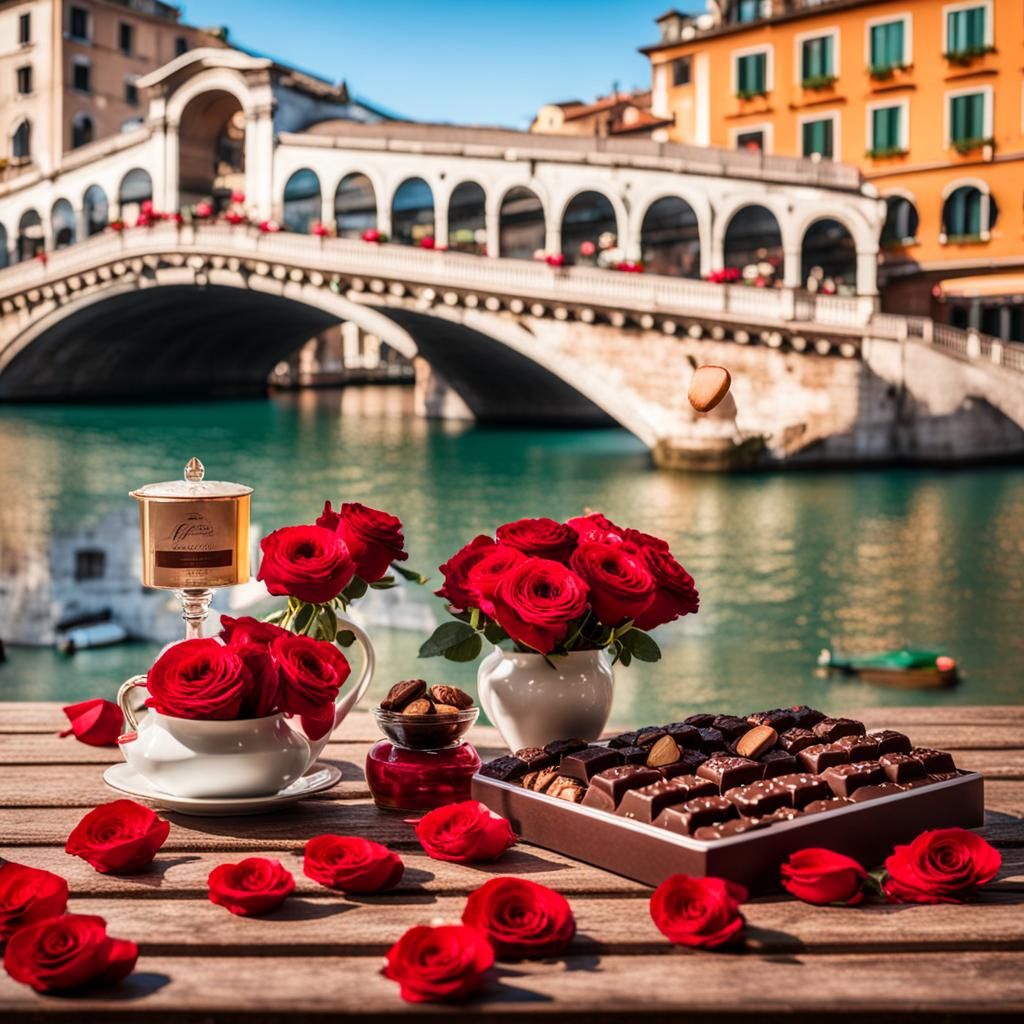 Realistic Photograph of a table Set with red roses and choco...