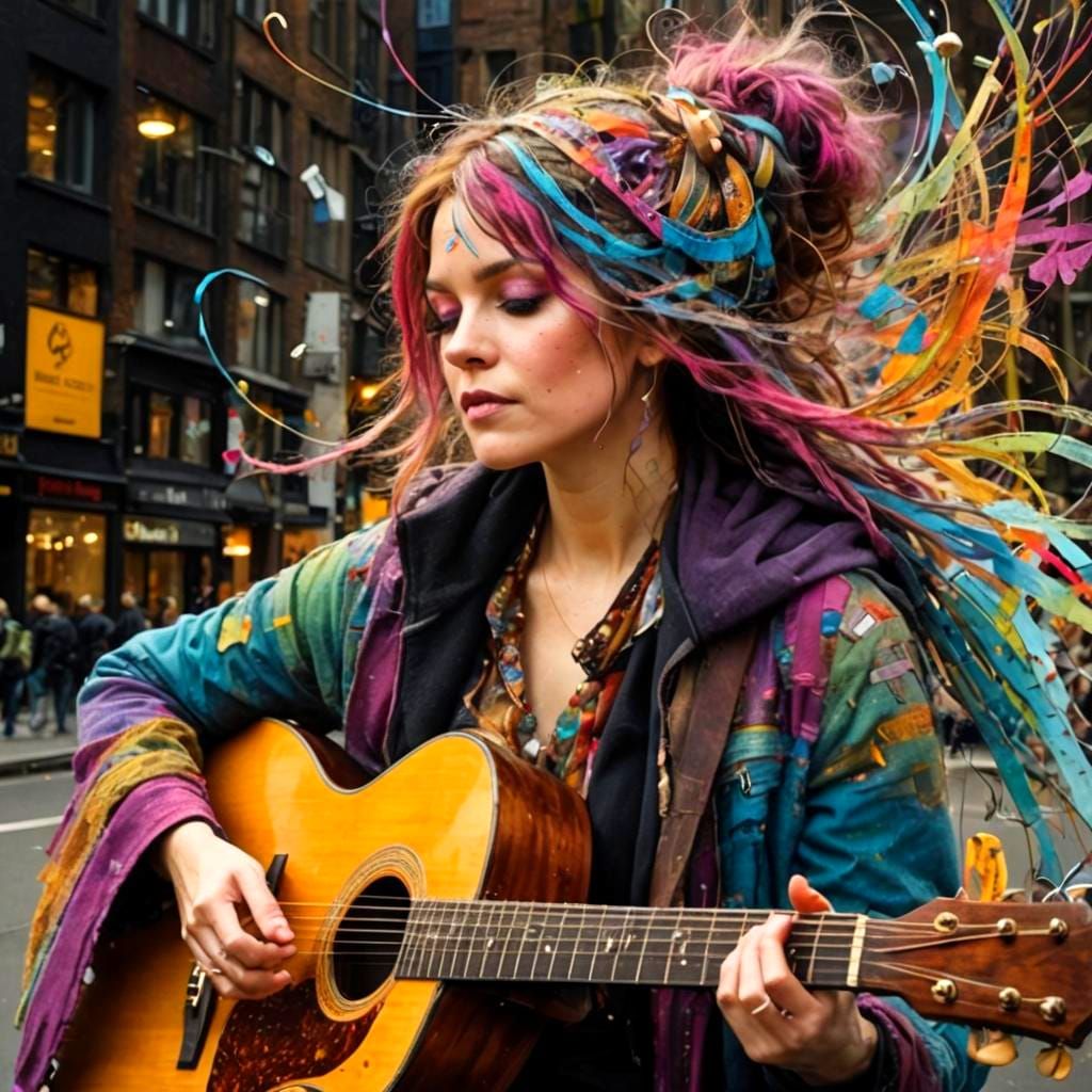 Busker with colorful artistic illusion flying musical notes, by Carne Griffiths and Paul Klee, meticulous, ...  by @Hugo Raul