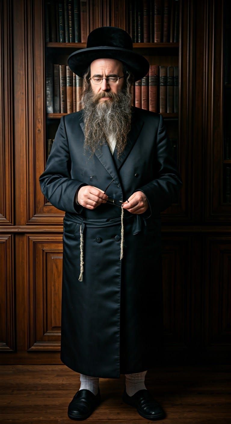 A Serious Hasidic Jewish Man in Traditional Attire, Lost in ...