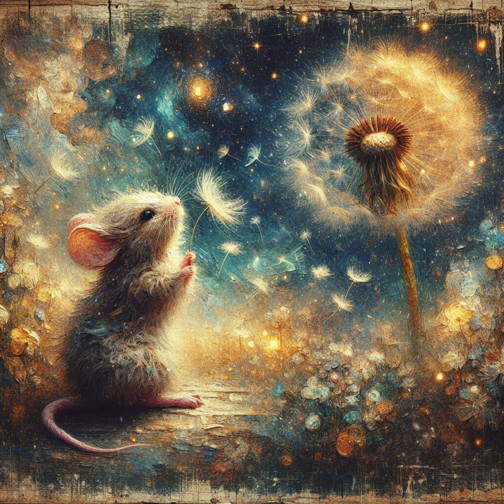 "Oil painting, grunge texture, vintage canvas art of a fluffy mouse blowing a dandelion, petals blowing ...  by @Spearmint