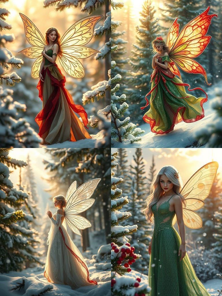 A imaculately beautiful christmas fairy with large ornate wings, soft glow of cloud filtered sunshine, red, green and wh...