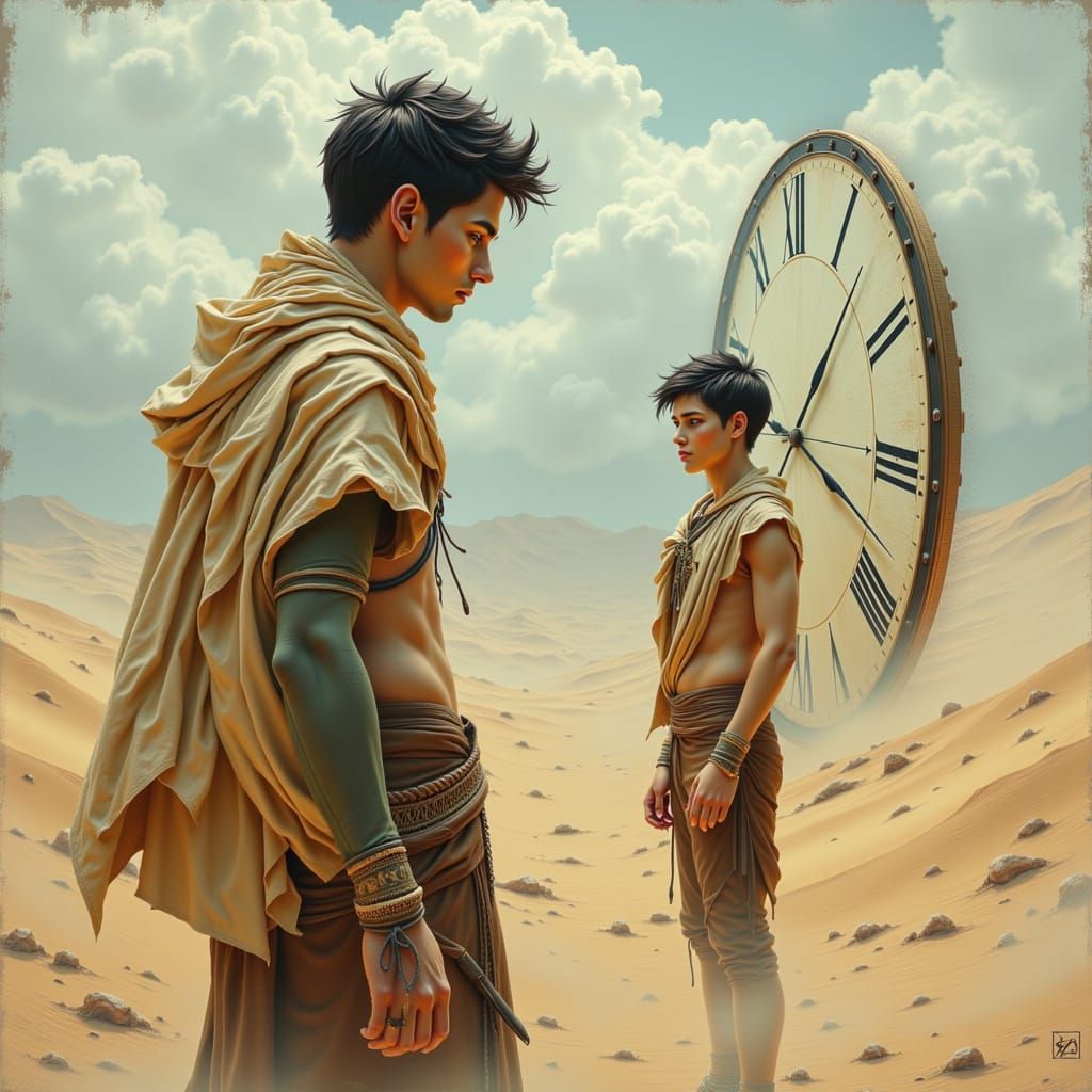Surrealist oil painting. A person encountering their younger self by a melting clock in a dreamlike desert. Surreal symbolism, soft lighting...