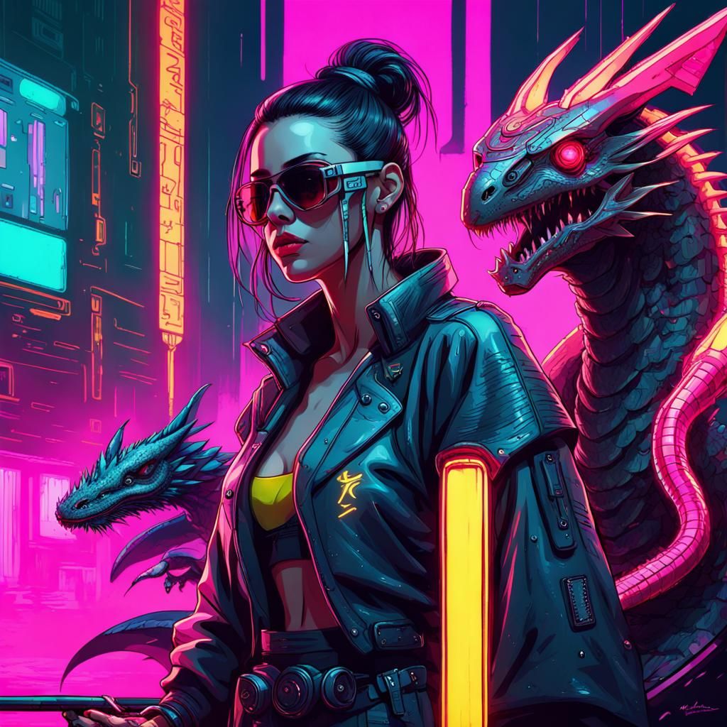 Techno Wizard and Her Dragon - AI Generated Artwork - NightCafe Creator