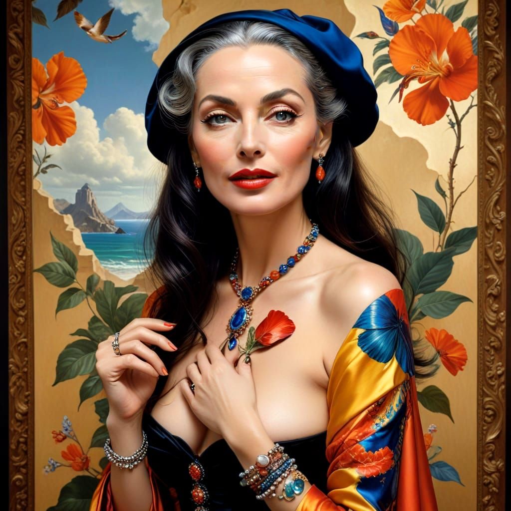 Happy Mature Lady in Surreal Landscape, Photorealistic Portr...