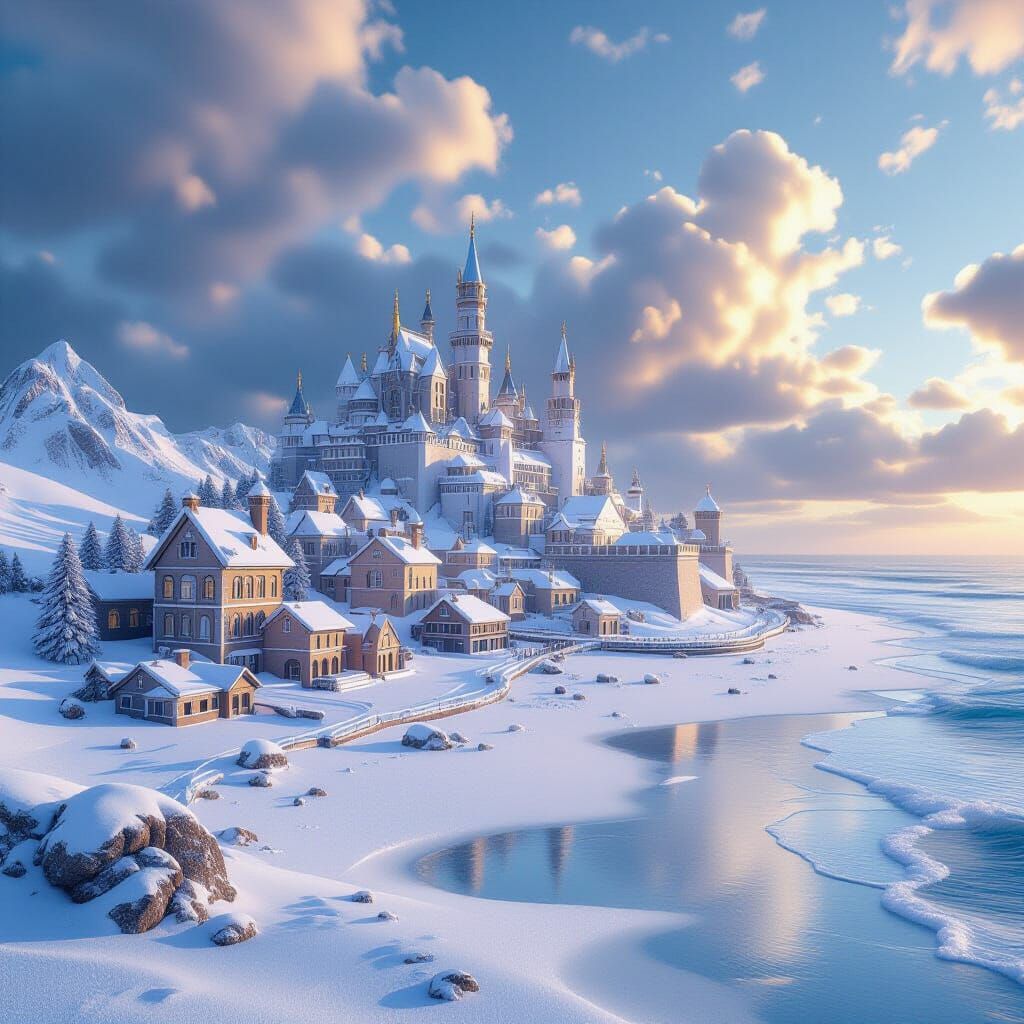 A miniature snowy city on a beach