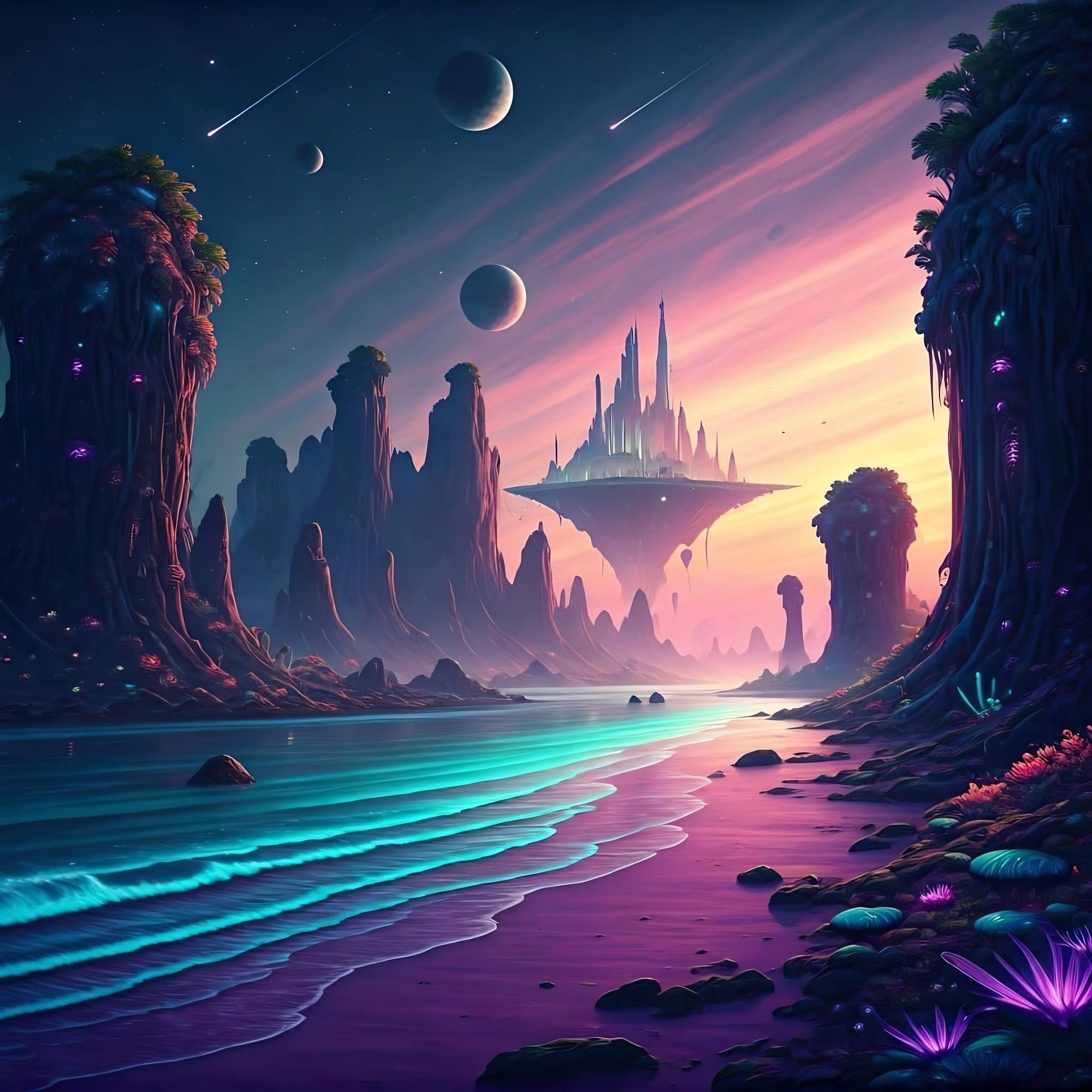 A serene alien planet with a bioluminescent beach. The waves glow with vibrant blue and green hues, gently crashing onto the shore. The sand...