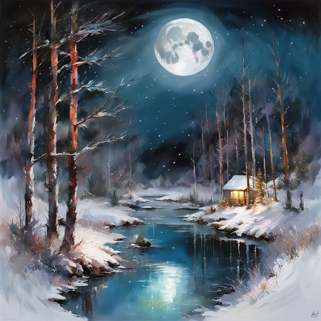  A serene and magical winter night at full moon landscape   by @Mapont