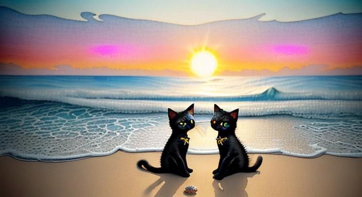 two tiny cute black kittens playing on the beach with sand a...