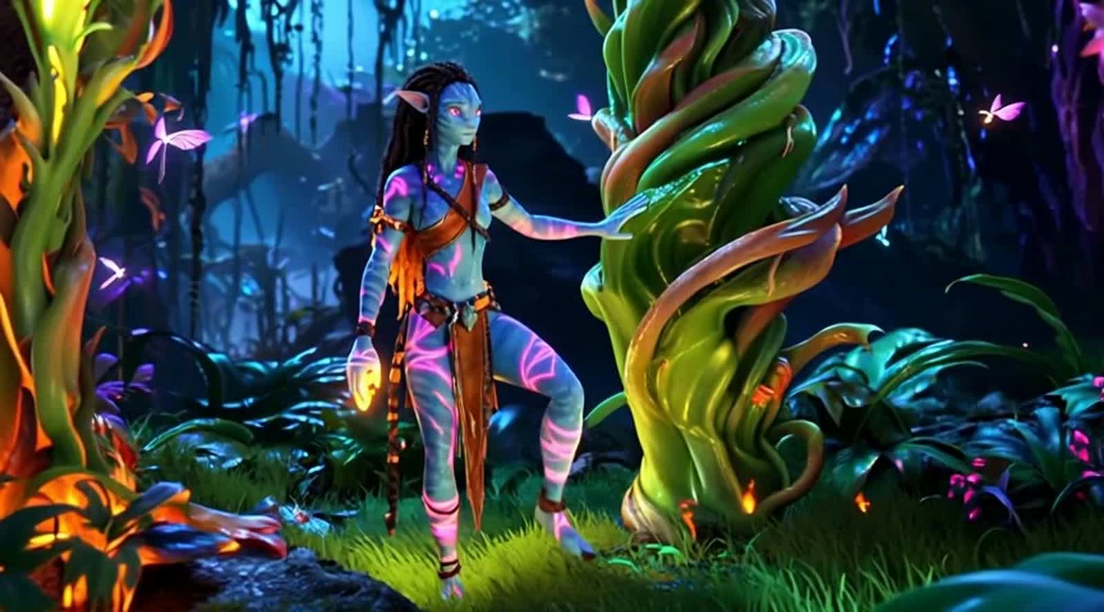 Nezuko Kamado reimagined as a Na'vi from the world of Avatar, full body portrait, low angle shot, possessing the tall, s...