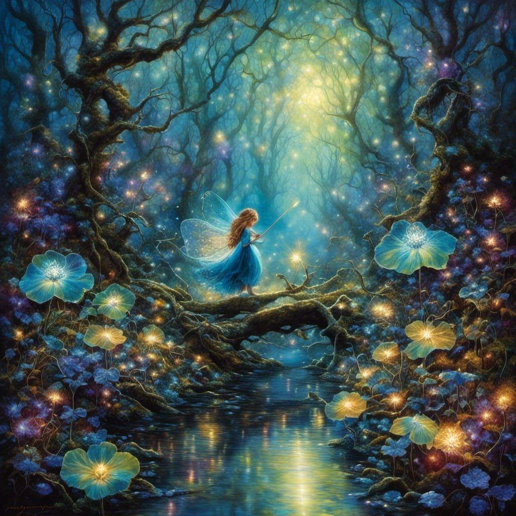 Fairy <lora:FairiesXL:0.7> in a dark enchanted forest with bioluminescent flora. <lora:Magical ambience:1.0> 