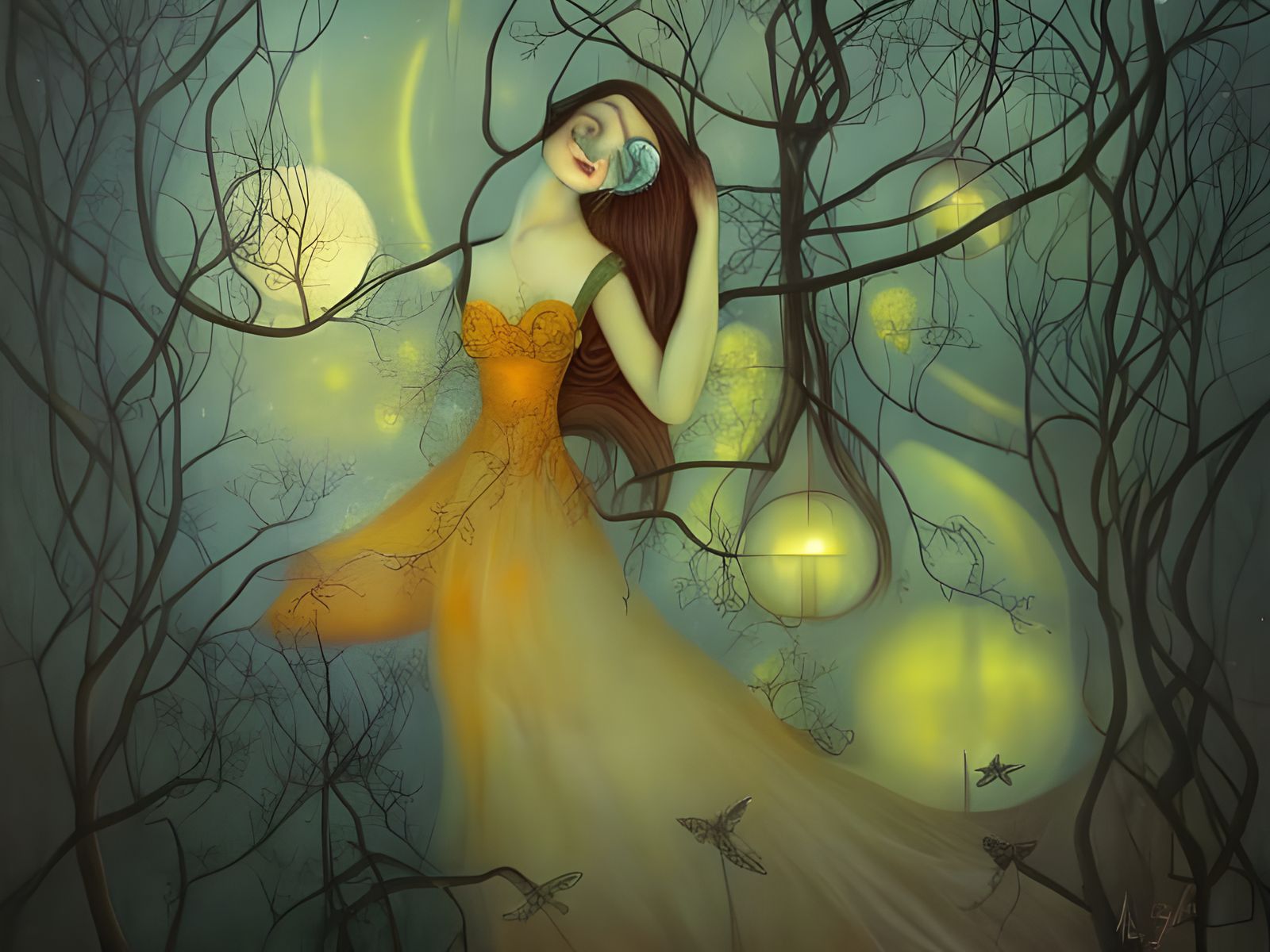 Surreal Landscape with Human-Eyed Trees and Diamond Stars