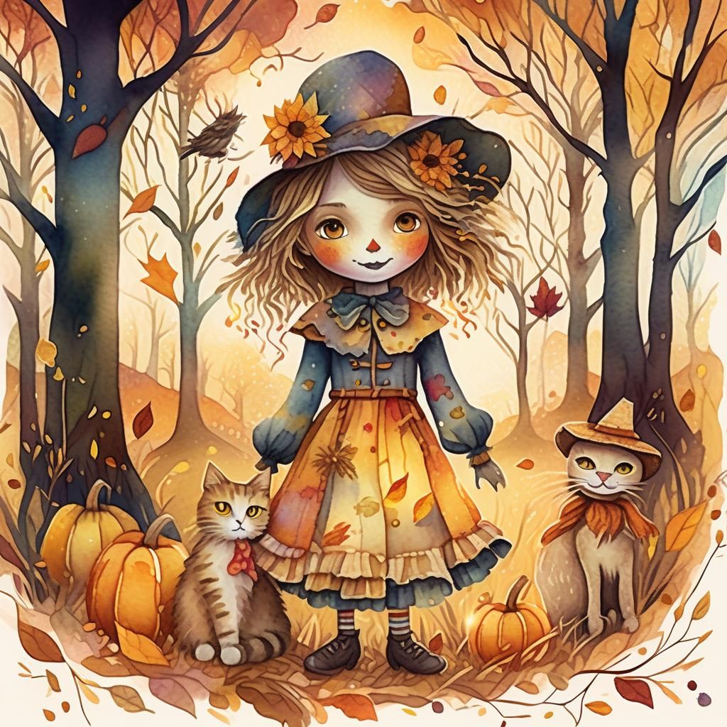 Scarecrow Girl and Cat in Autumn Tree
