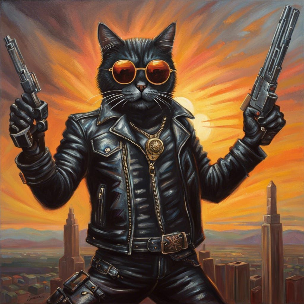Heavy Metal Cat Sunset: Dark Fantasy Oil Painting