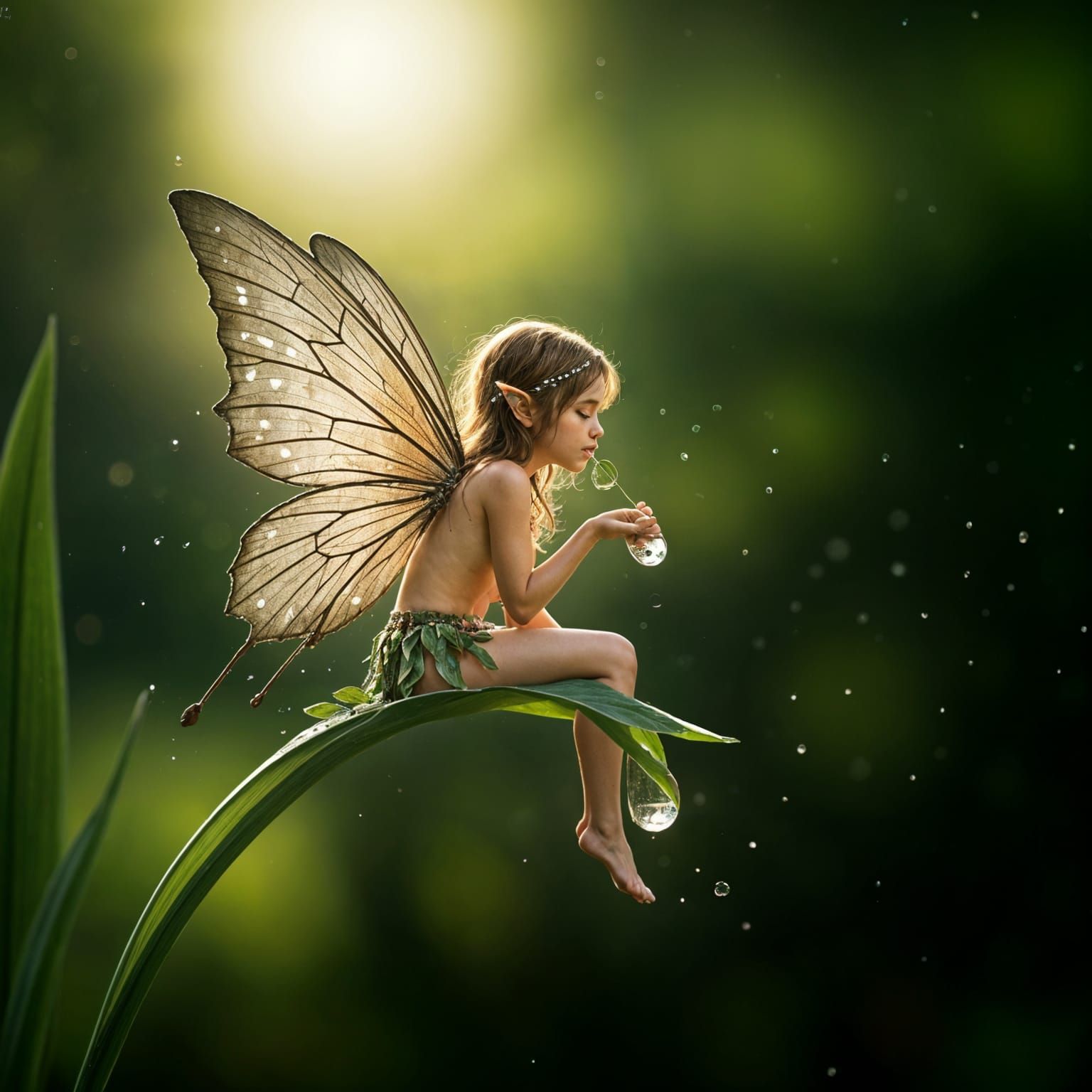 Fairy sipping water from a water drop on a flower petal