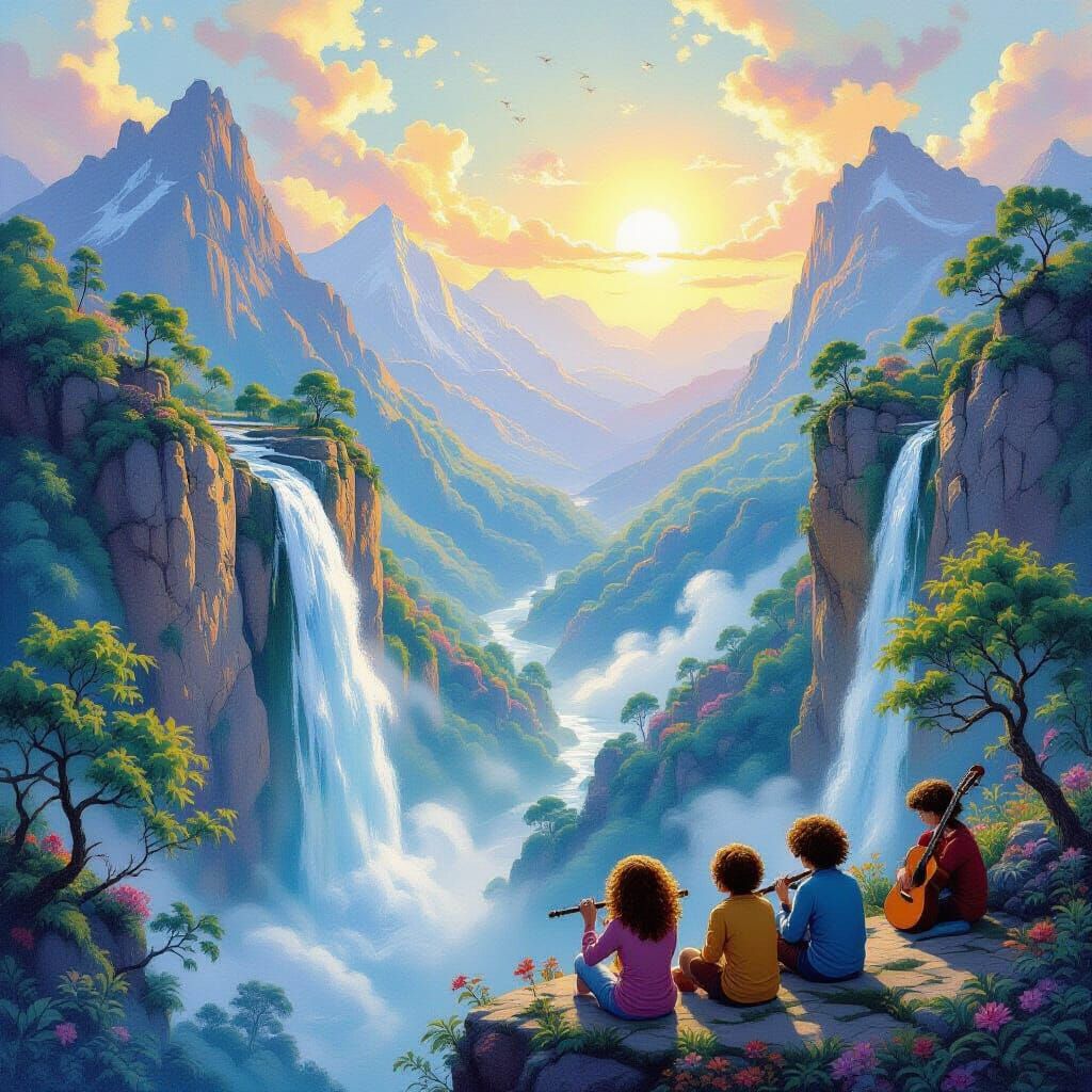 Mysterious Waterfalls Flowing from Mountain with Sunlit Hori...