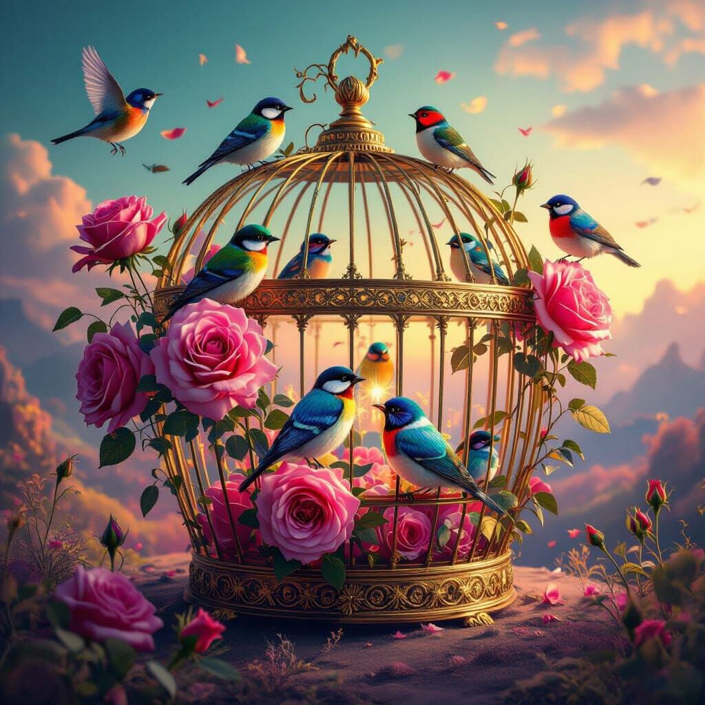 A flock of brightly colored birds, all different hues, escaped from an open, golden cage adorned with ...  by @Chacha