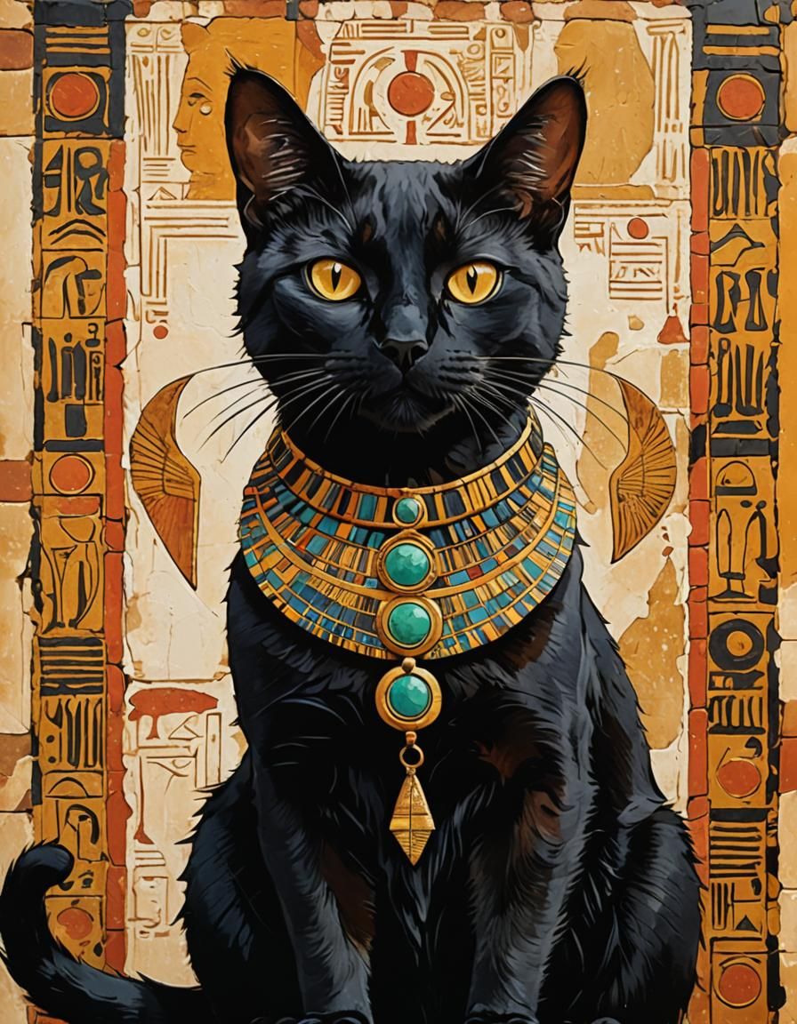 A black cat in ancient Egypt abstract art complementary colors fine details  by @Queen_Asha
