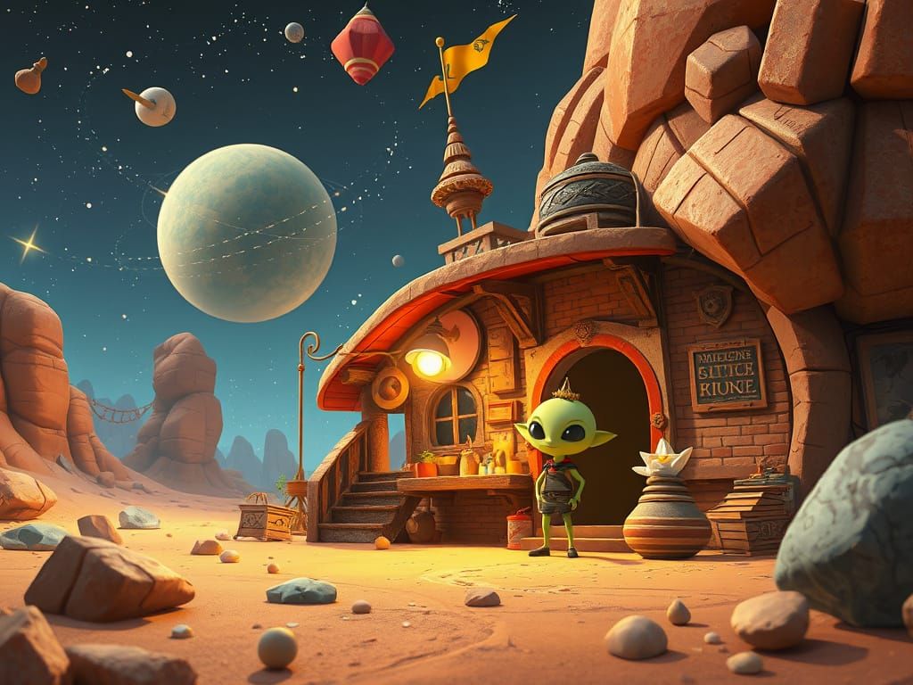 Asteroid trading post, LITTLE PRINCE, ROSE, Alien merchant, Pixar-style 3D animation, Whimsical and playful, Ian McQue, Antoine de Saint-Exu...