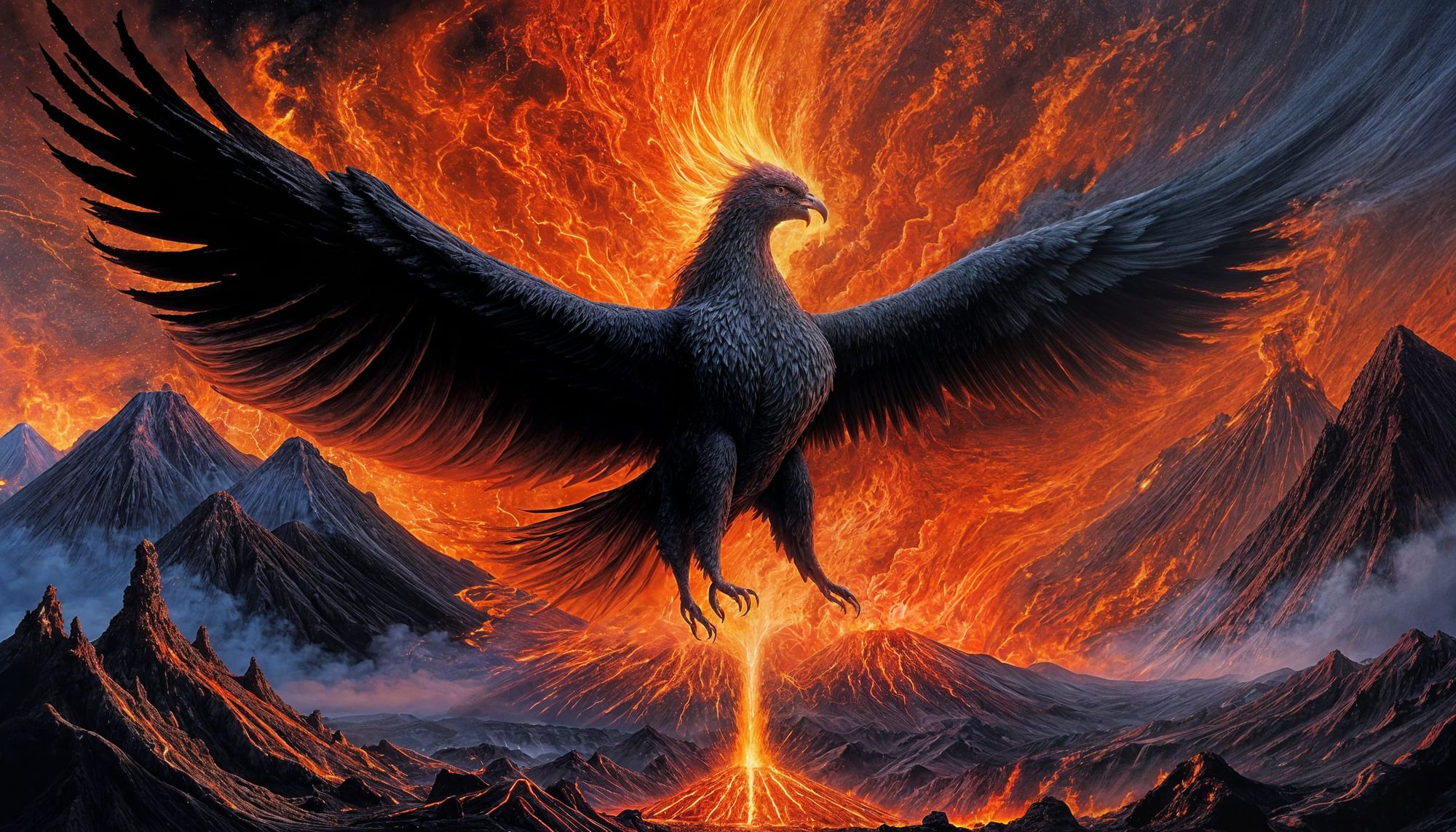 erupting volcano spewing lava and smoke to the sky phoenix rising from the fire
