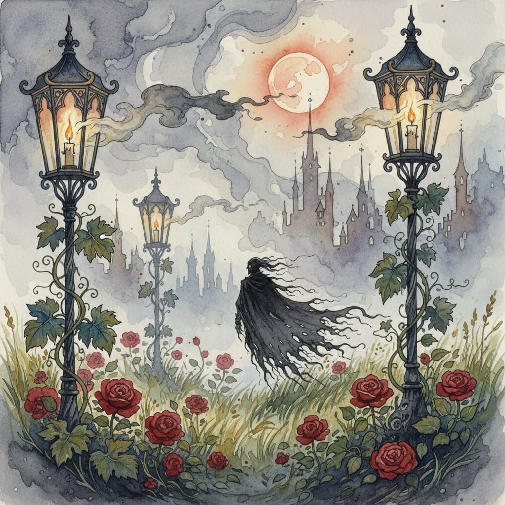 Abstract, English watercolor, side view, Gothic city lanterns, candles, wind, thick fog, grapevines, at full moon background, hovering gunsl...