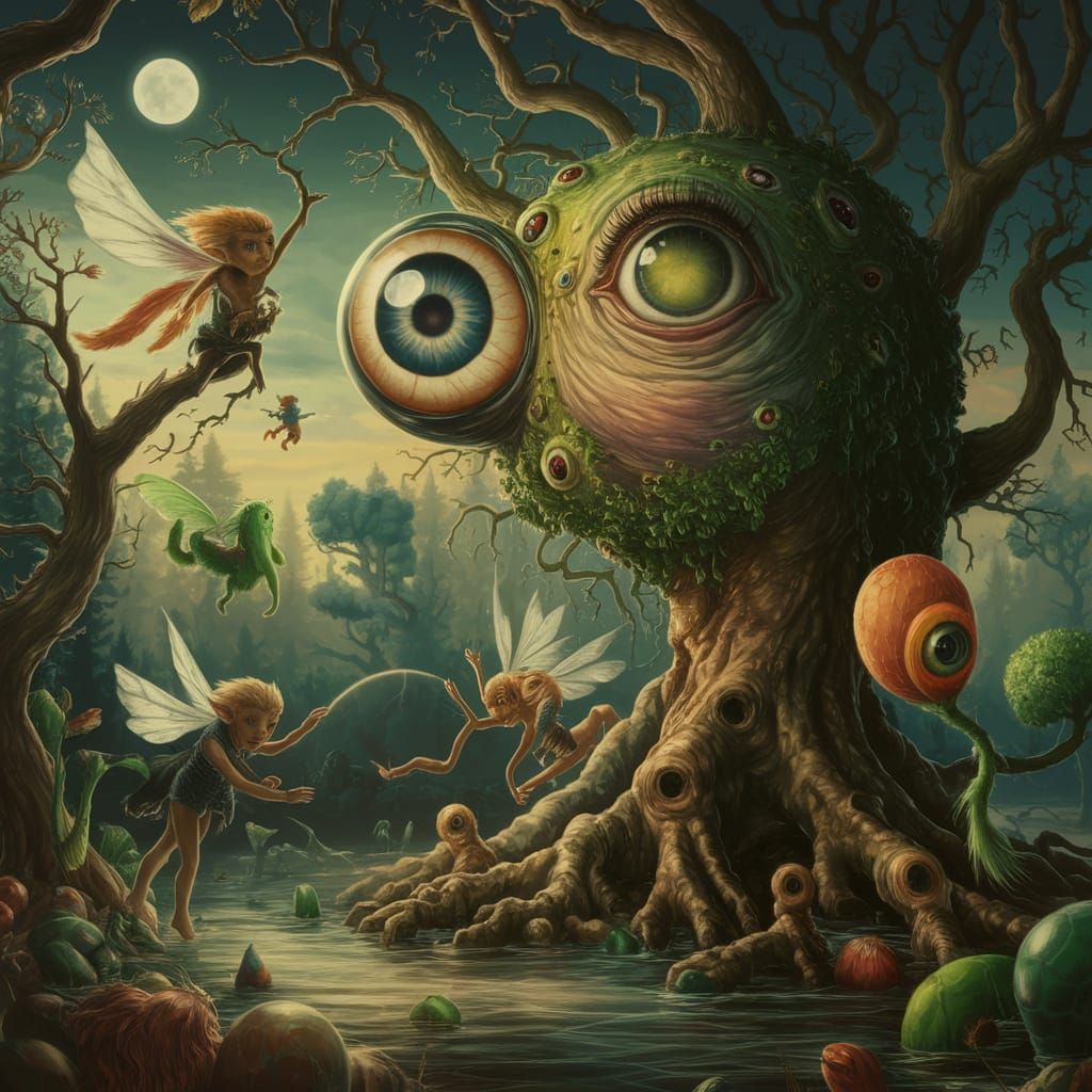 The strangest dream from Elsewhere, surrealism, magic realism, fantasy, strange faerie creatures, weird people, giant eyeball, time travelle...