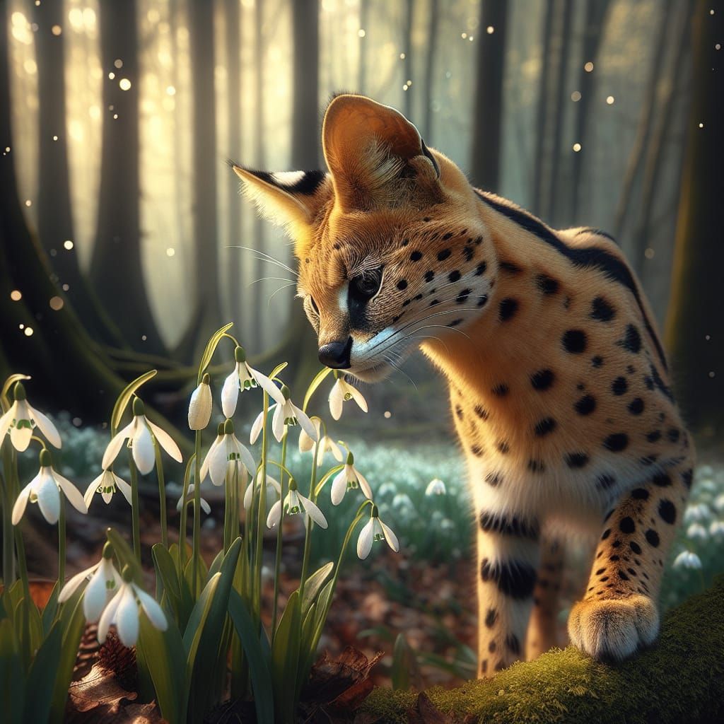 Serval Sniffing Snowdrops   by @betsy 