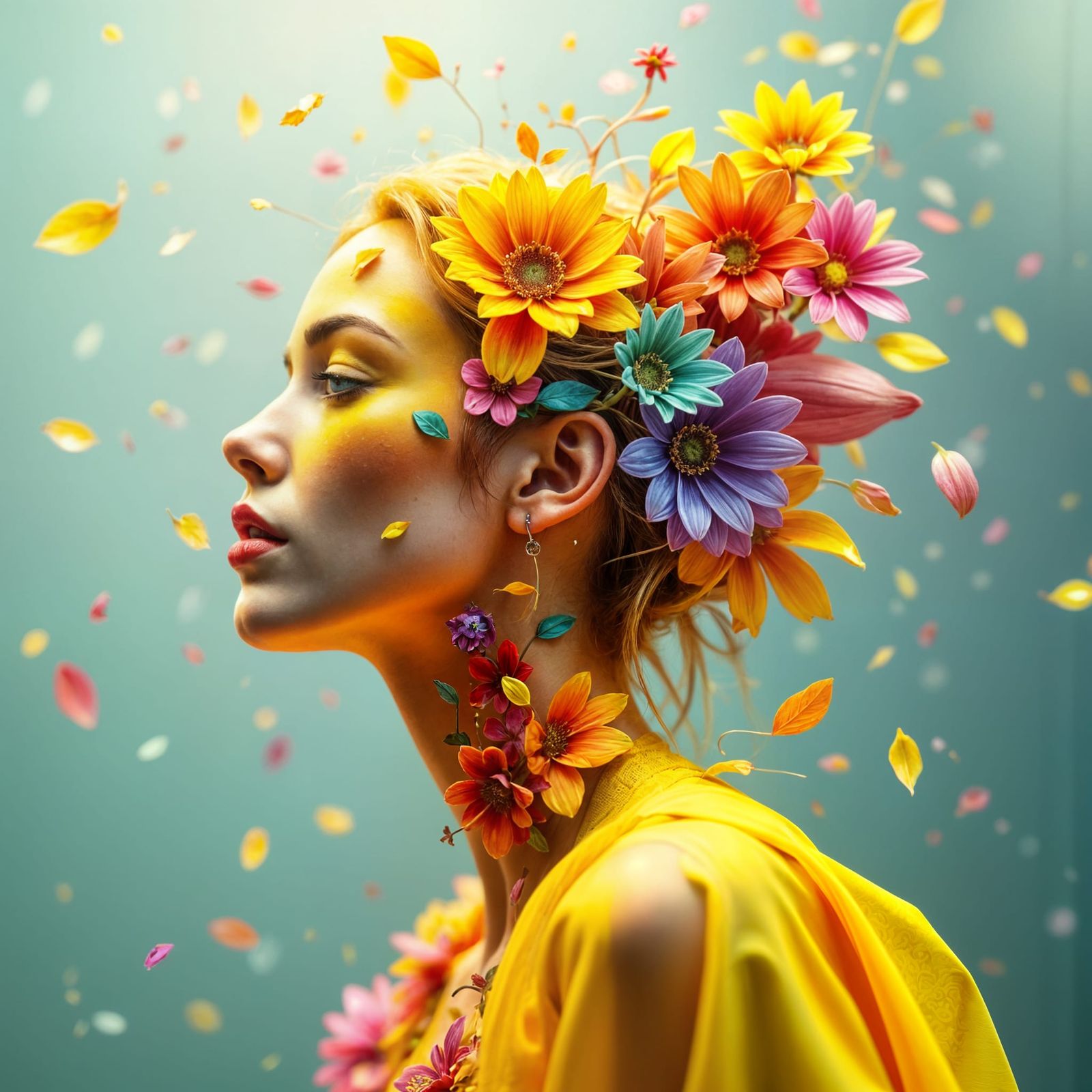 <lora:Portrait Bokeh:1.0> A woman composed of intricately arranged, vibrant flowers, her form blurred and blended with nature, as if petals ...