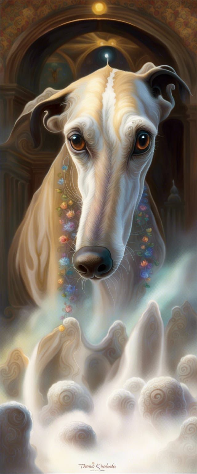 Galgo god ethereal fantasy hyperdetailed mist Thomas Kinkade